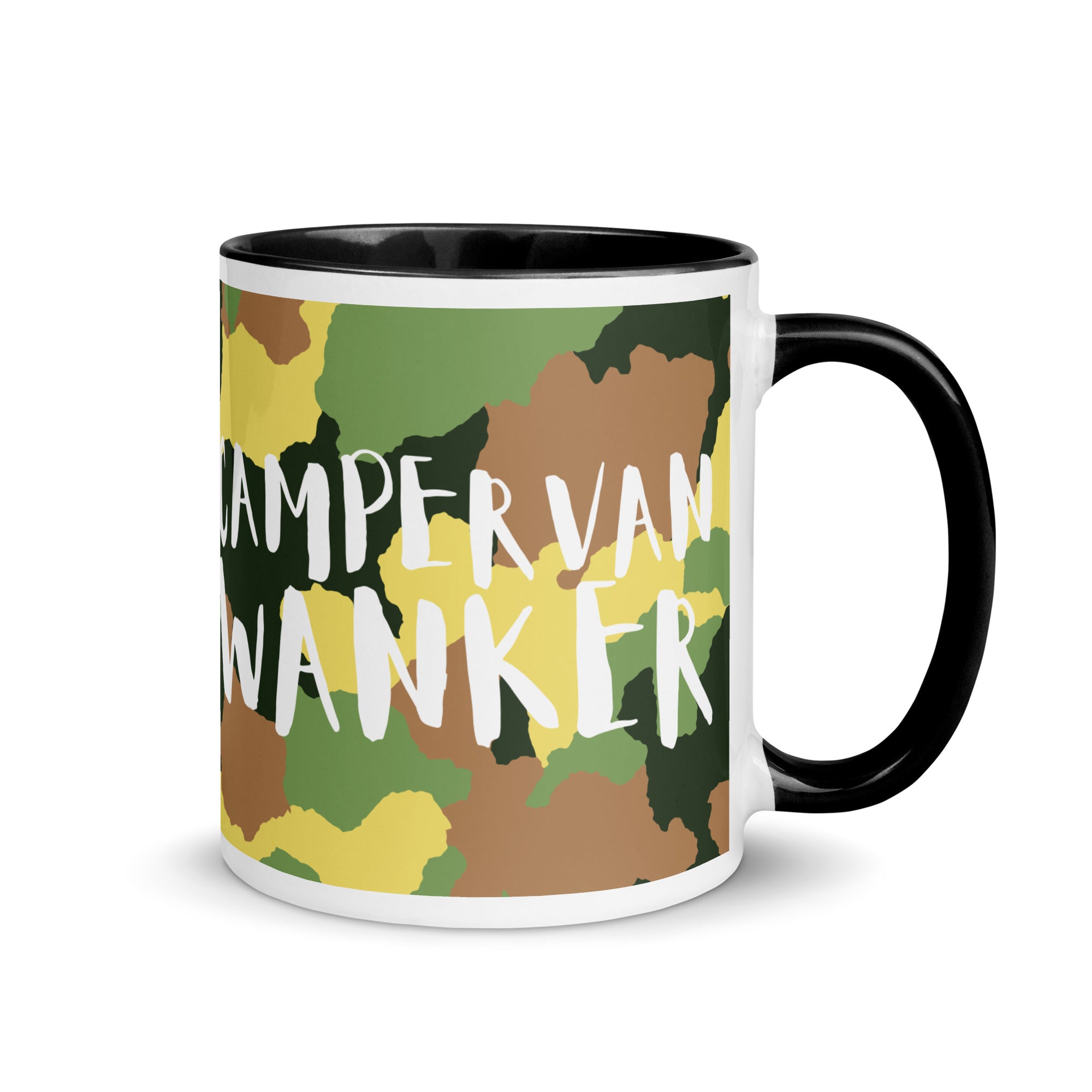mug with a black handle and inside and a camouflage design with the words campervan wanker written in white text. A funny gift for someone who loves their campervan and van life. 
