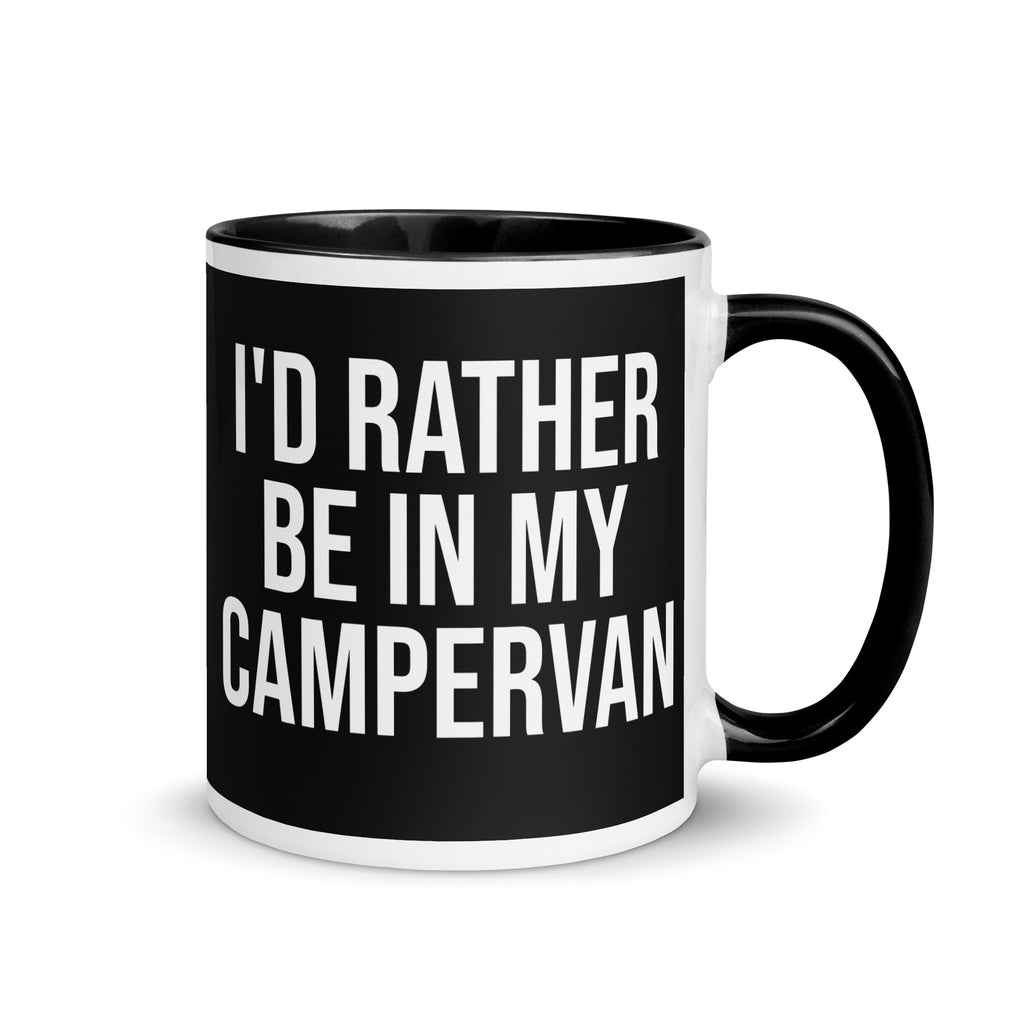 black and white mug with the words I'd rather be in my campervan in bold font. A gift for people who love camping, motorhomes and van life. 