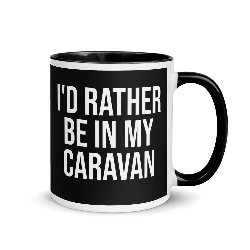 black and white mug with the words I'd rather be in my caravan in bold font. A gift for people who love camping, caravans and van life. 