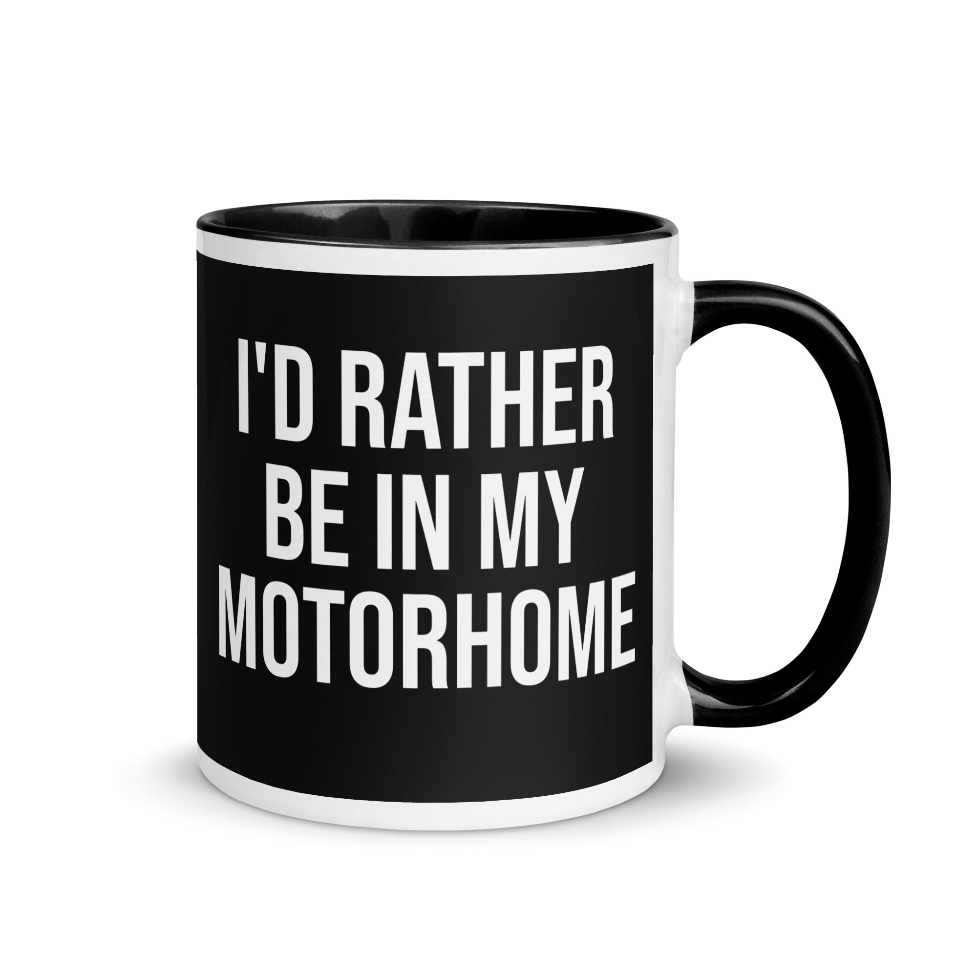 black and white mug with the words I'd rather be in my motorhome in bold font. A gift for people who love camping, motorhomes and van life. 