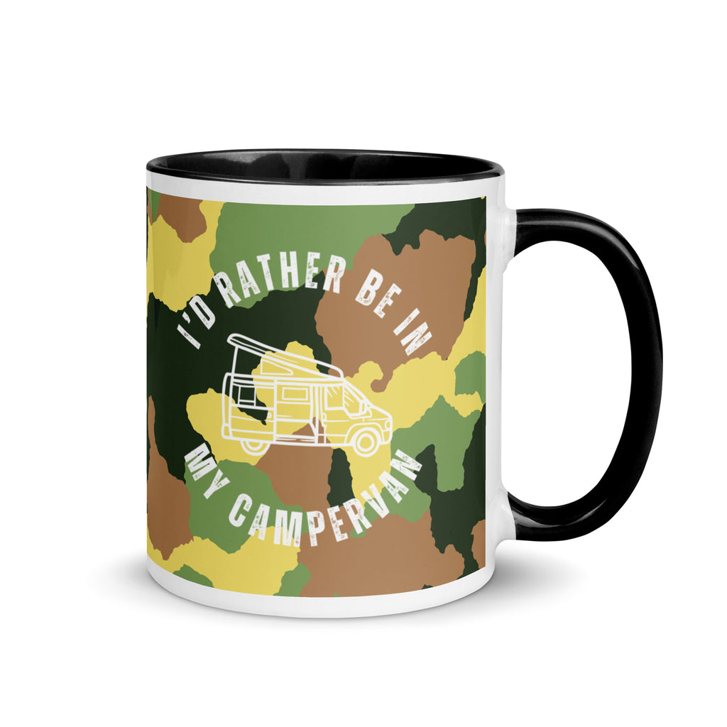 a camouflage print mug with a black handle and inside with the words I'd rather be in my campervan across the front and a cartoon of a campervan with a pop top. A gift for people who love their campervan