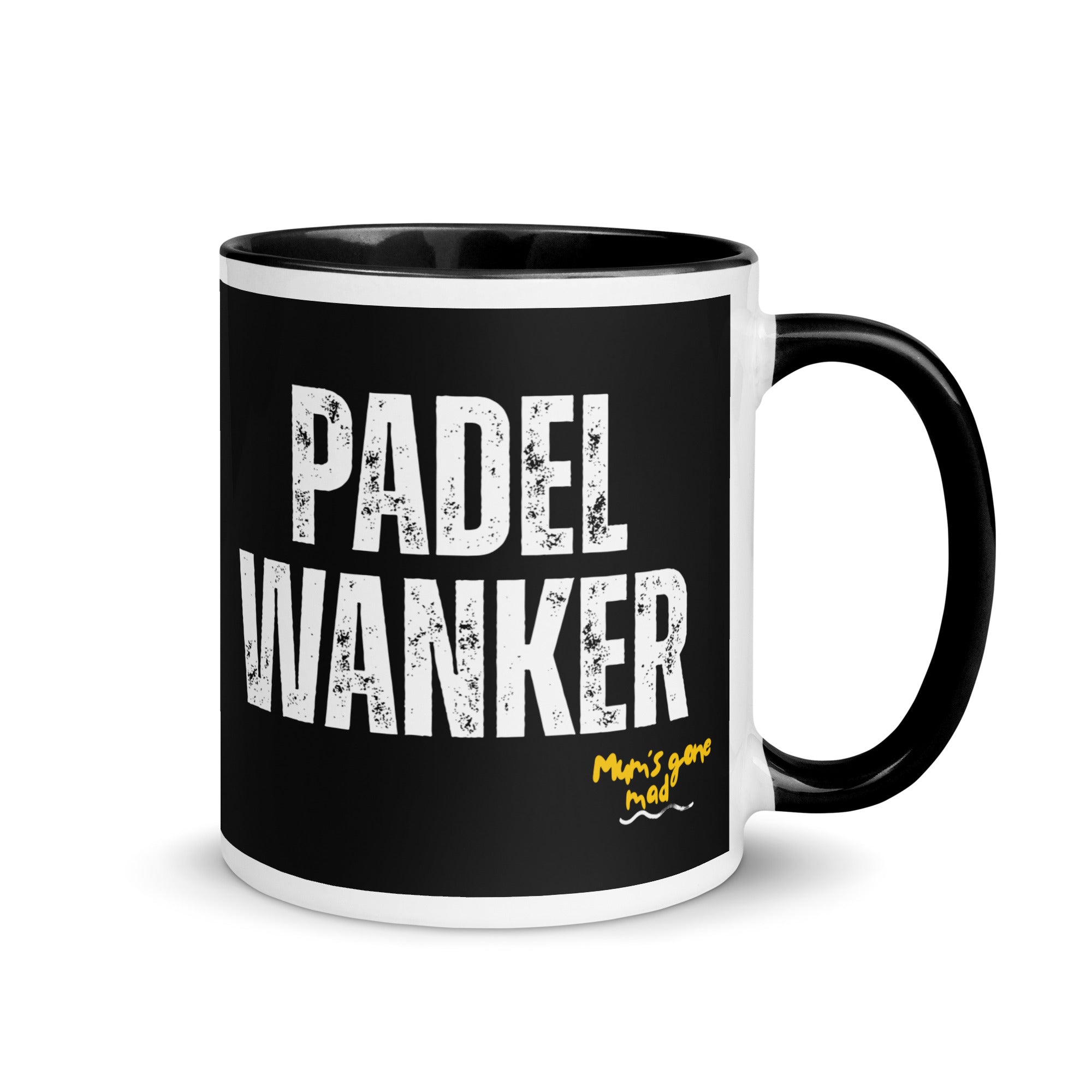 Black bacground mug with the words Padel Wanker in white text. a gift for padel players. Mug has a black inside and handle. 