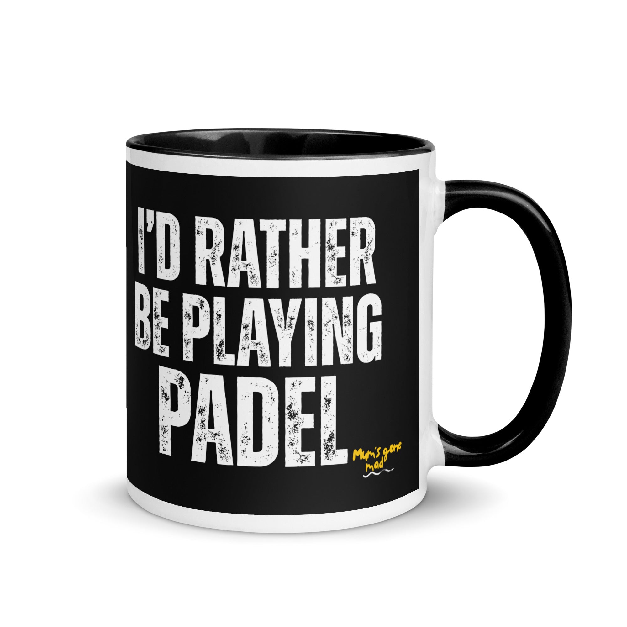 Black and white mug with the words 'I'd rather be playing padel'. A gift for people who love playing padel. 