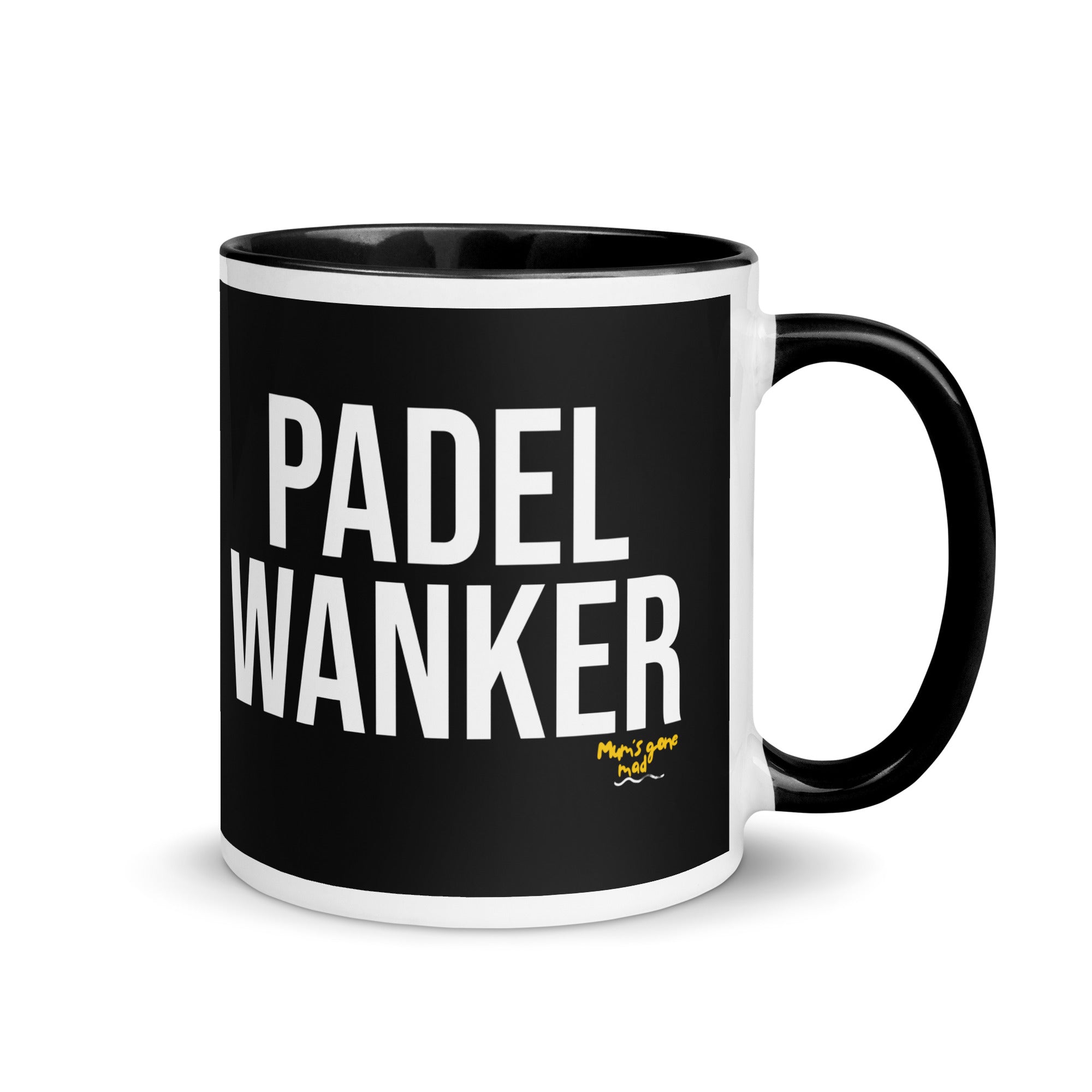 Black bacground mug with the words Padel Wanker in white text. a gift for padel players. Mug has a black inside and handle. 