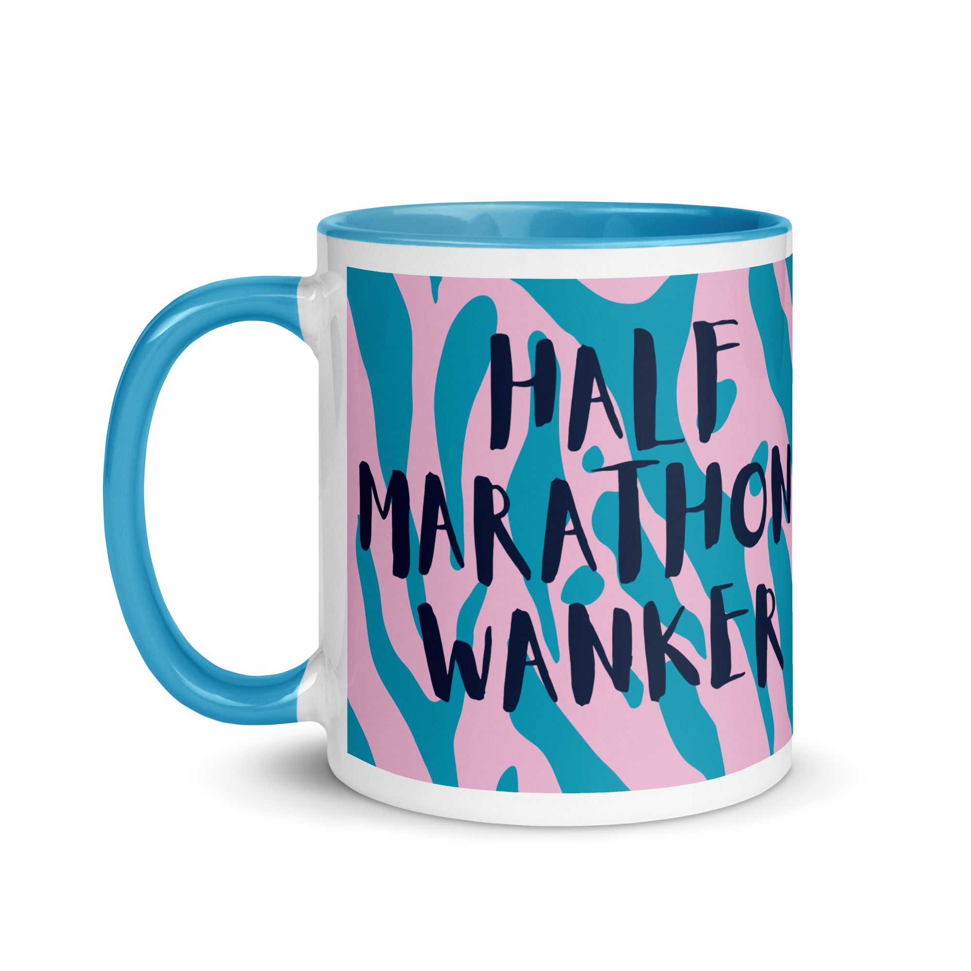 Half Marathon wanker mug with blue inside and handle, with a pink and blue animal print background and the words half marathon wanker in a fun, bold font. 