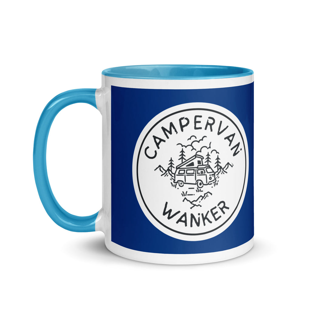 ceramic mug with a blue handle and inside, with a picture of a campervan in the woods and the words campervan wanker over a navy blue background. a gift for people who own and love going away in their campervan or motorhome. 