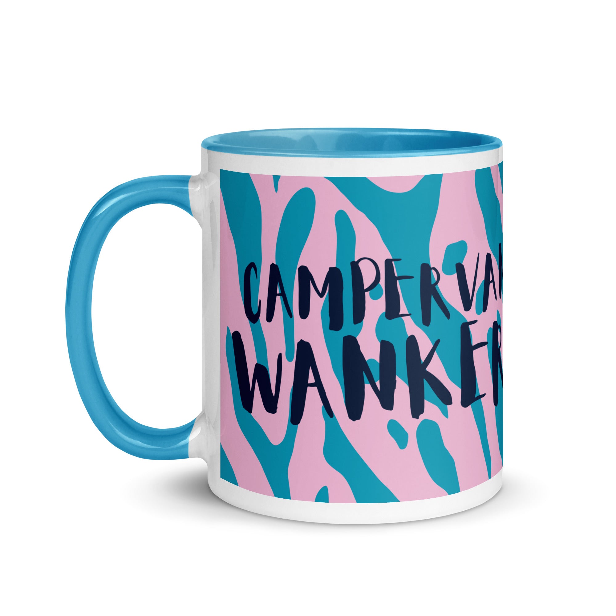 Pink and blue camouflage print mug with a blue handle and inside reading campervan wanker. A funny gift for someone who loves their campervan and van life. 