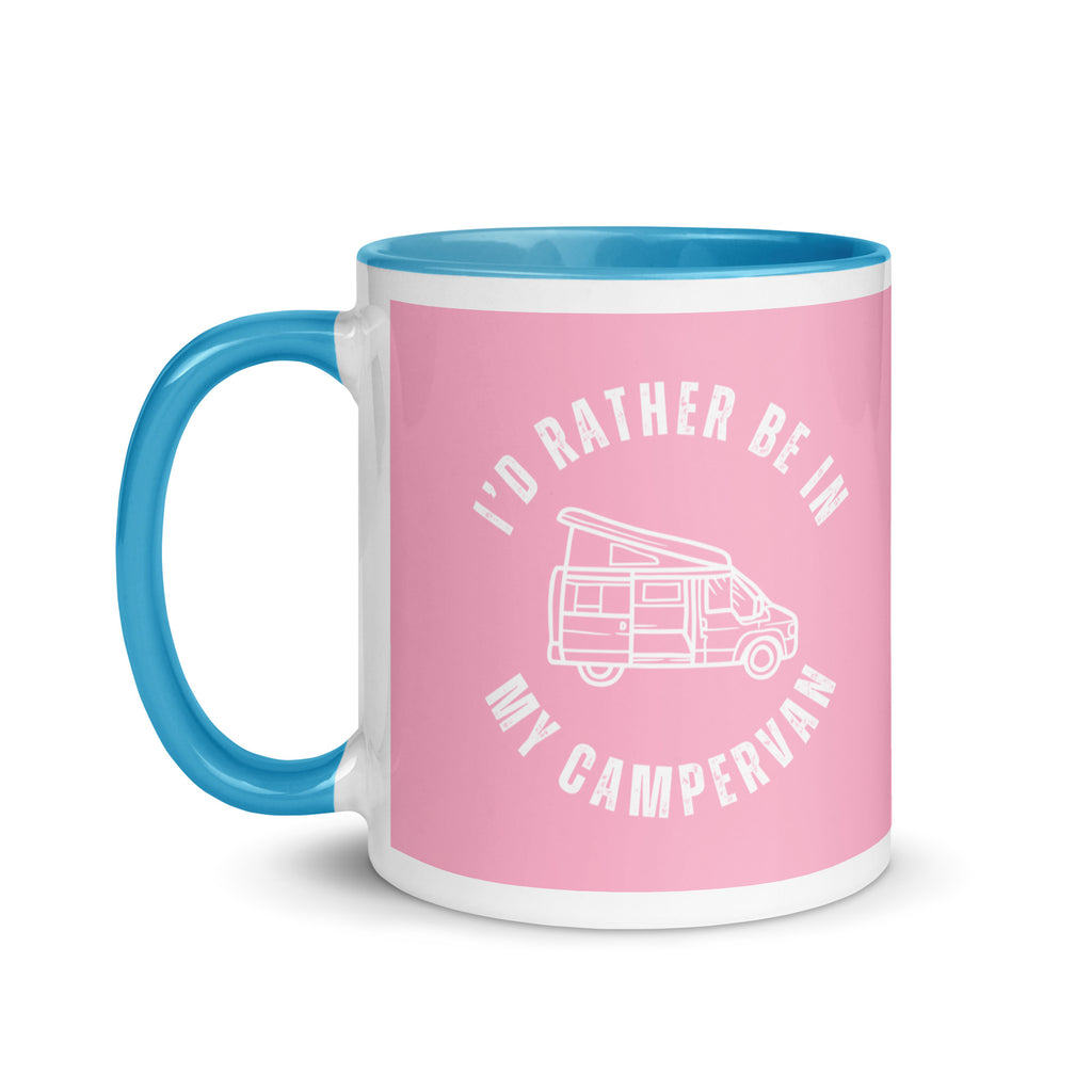 a pink mug with a blue handle and inside with the words I'd rather be in my campervan across the front and a cartoon of a campervan with a pop top. A gift for people who love their campervan