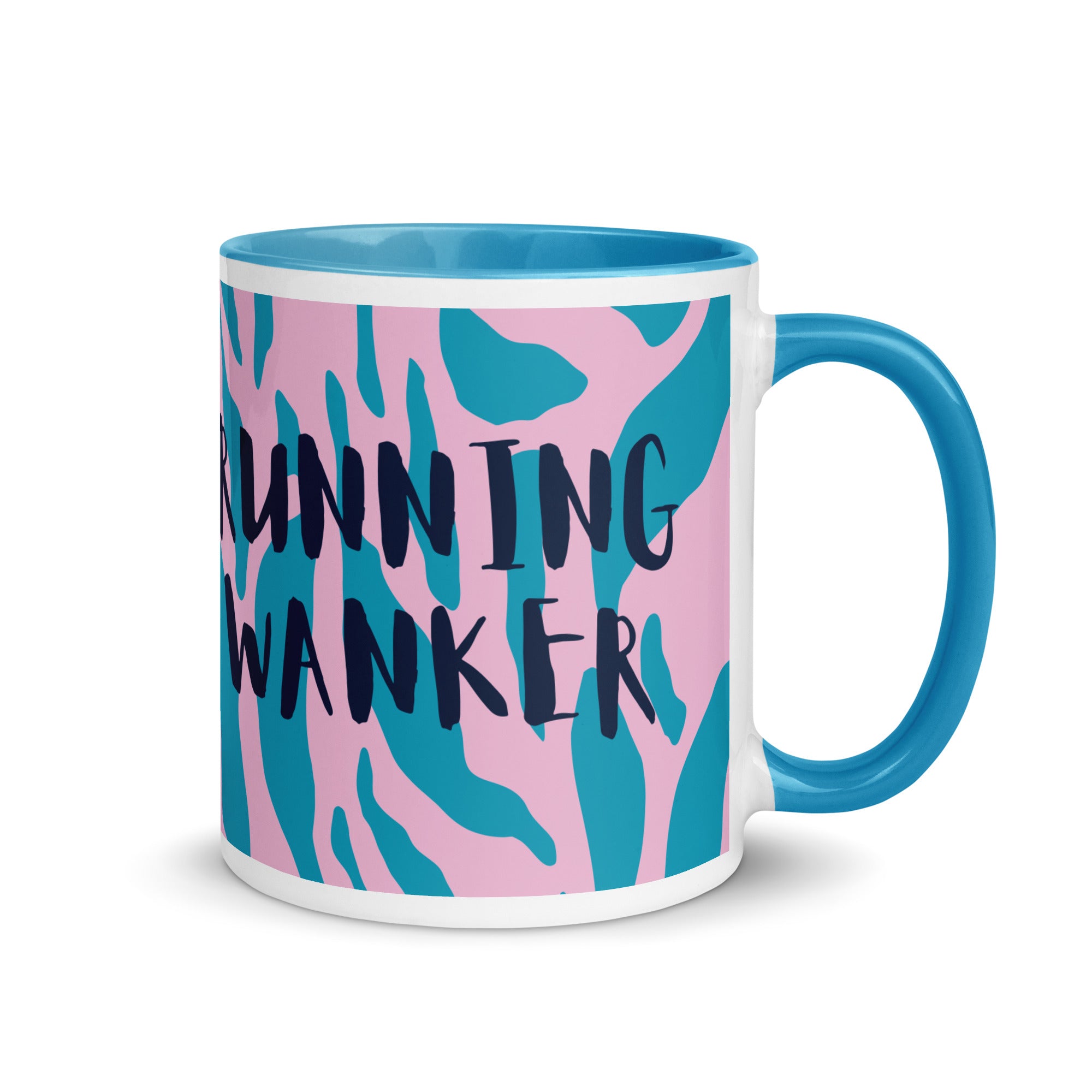 running wanker mug with a bluehandle and inside, pink and blue animal print background and the words running wanker in a fun, bold font. a gift for runners