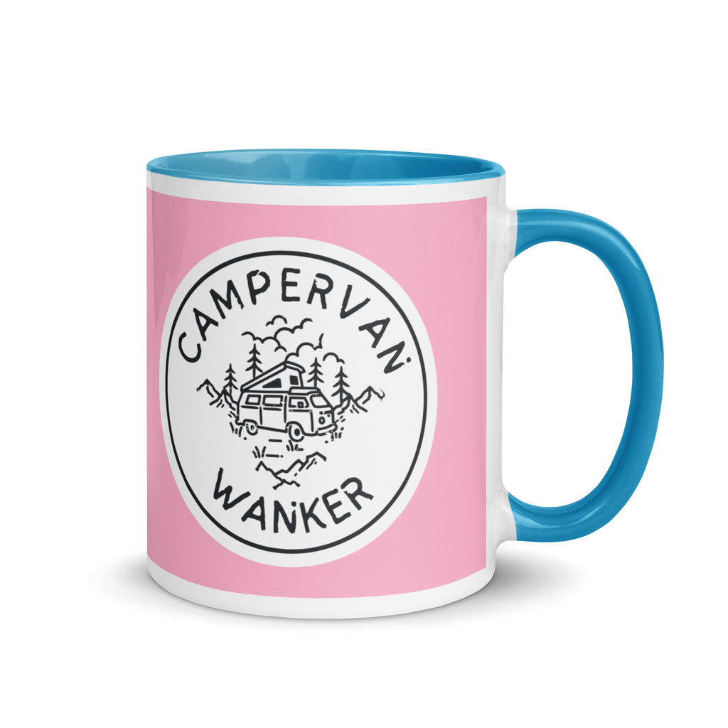 ceramic mug with a blue handle and inside, with a picture of a campervan in the woods and the words campervan wanker over a pink background. a gift for people who own and love going away in their campervan or motorhome. 