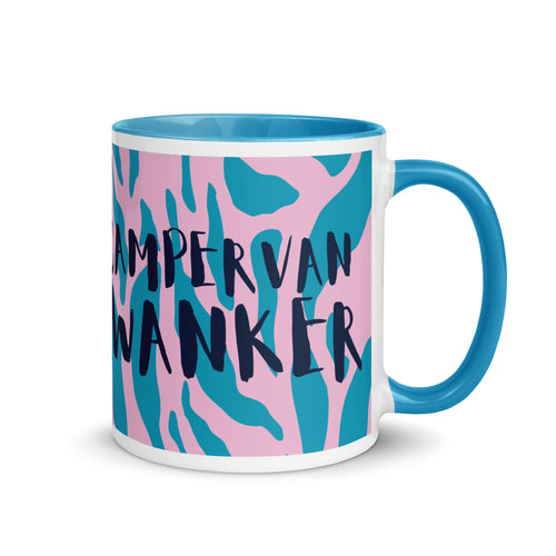 Pink and blue camouflage print mug with a blue handle and inside reading campervan wanker. A funny gift for someone who loves their campervan and van life. 