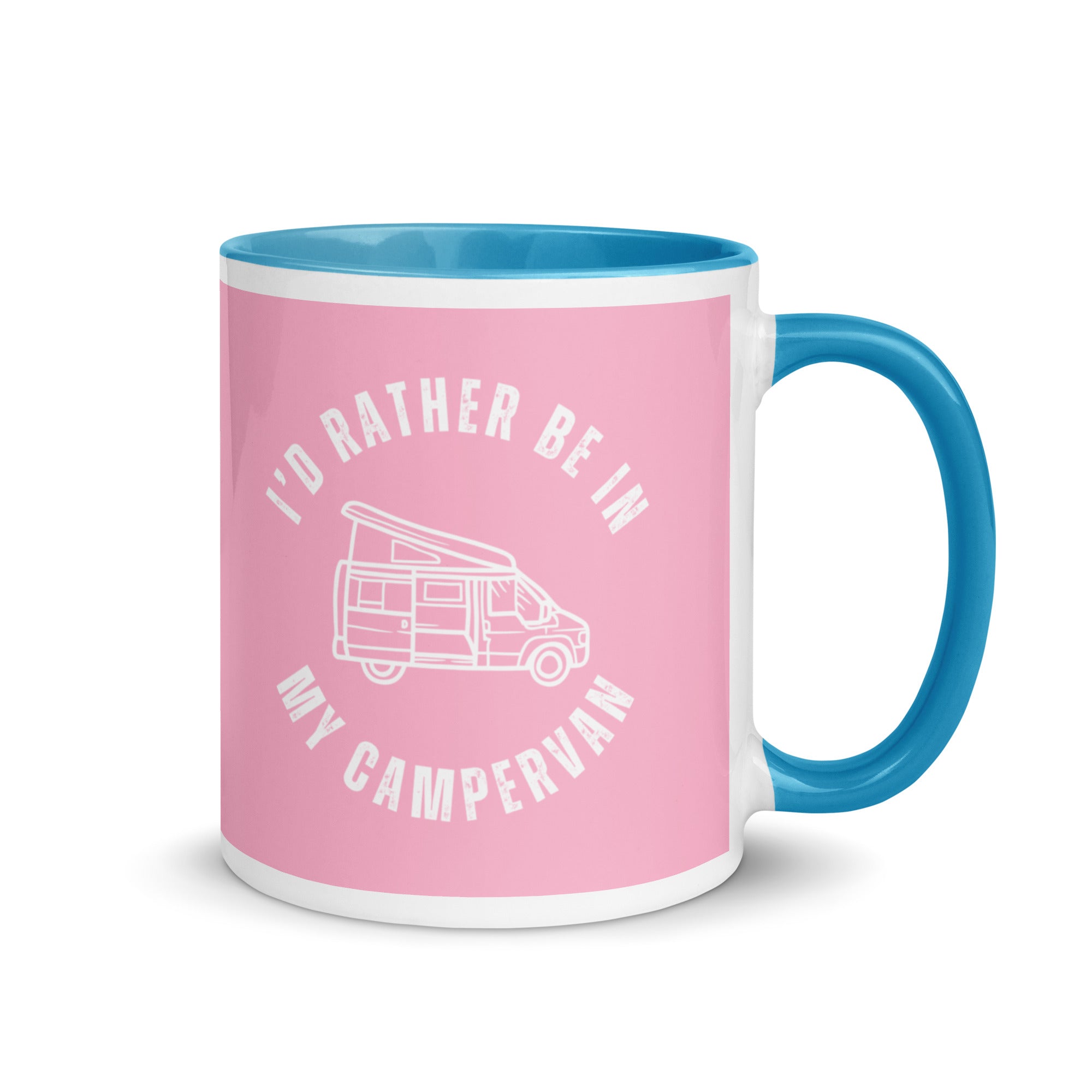 a pink mug with a blue handle and inside with the words I'd rather be in my campervan across the front and a cartoon of a campervan with a pop top. A gift for people who love their campervan