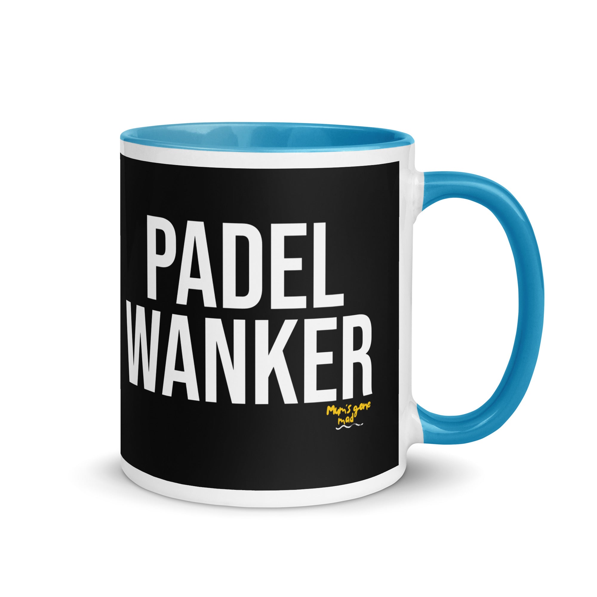 Black bacground mug with the words Padel Wanker in white text. a gift for padel players. Mug has a blue inside and handle. 