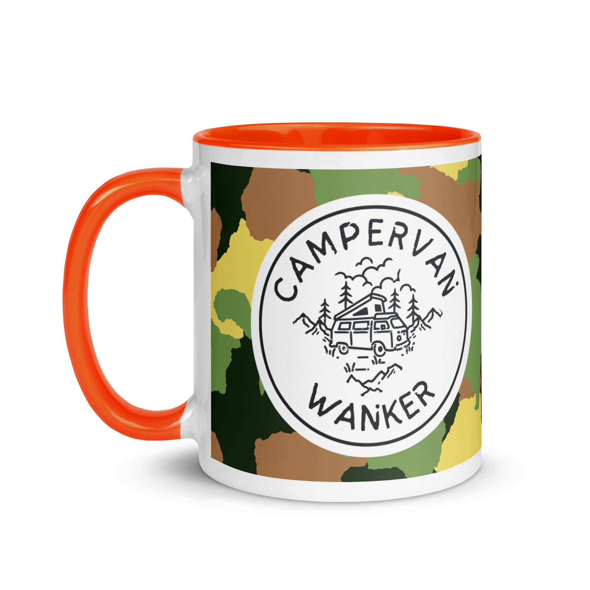 ceramic mug with an orange handle and inside, with a picture of a campervan in the woods and the words campervan wanker over a camouflage background. a gift for people who own and love going away in their campervan or motorhome. 