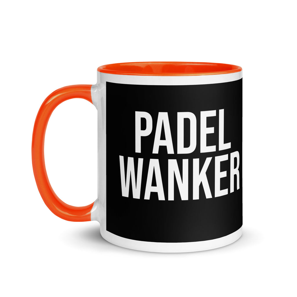 Black bacground mug with the words Padel Wanker in white text. a gift for padel players. Mug has a orange inside and handle. 