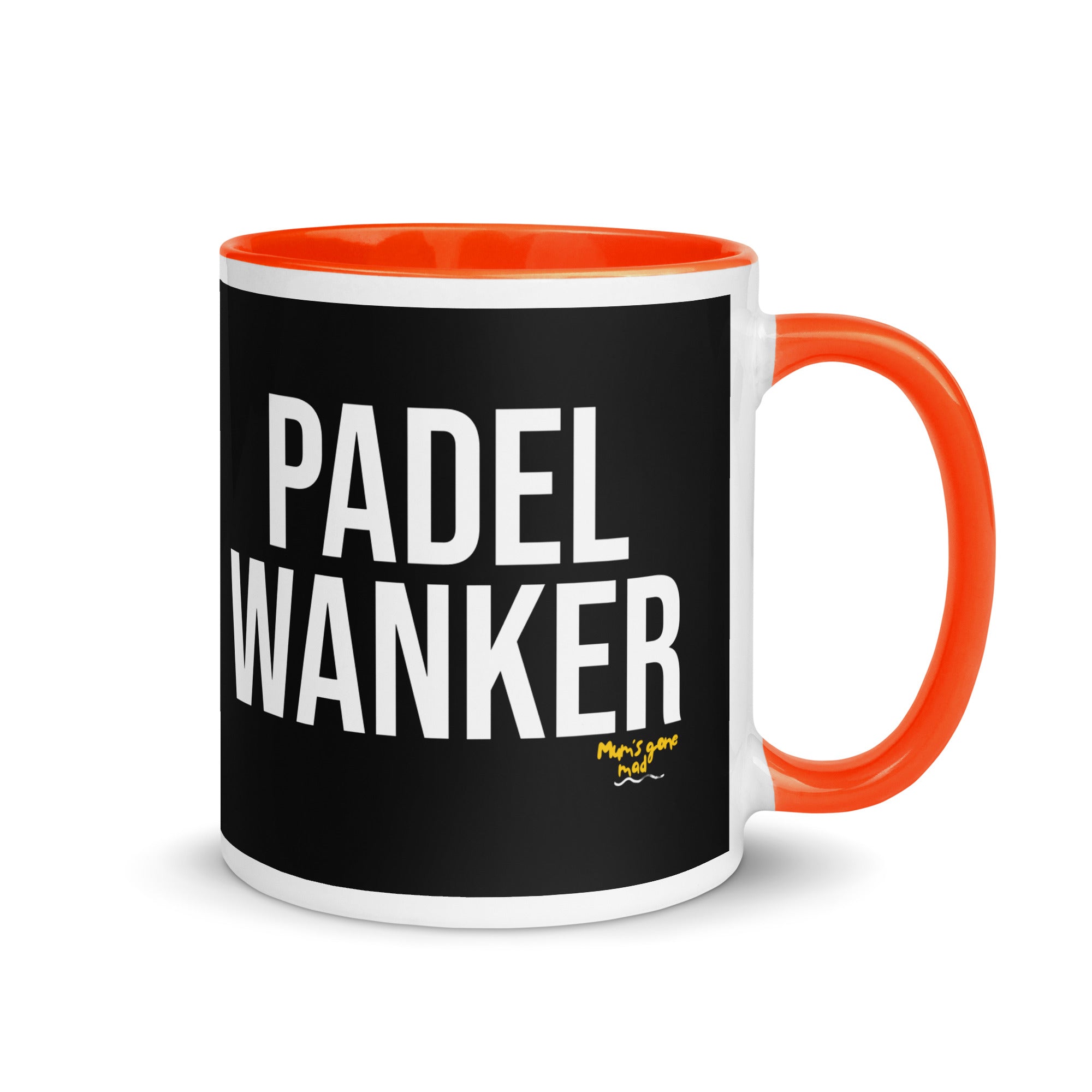 Black bacground mug with the words Padel Wanker in white text. a gift for padel players. Mug has a orange inside and handle. 
