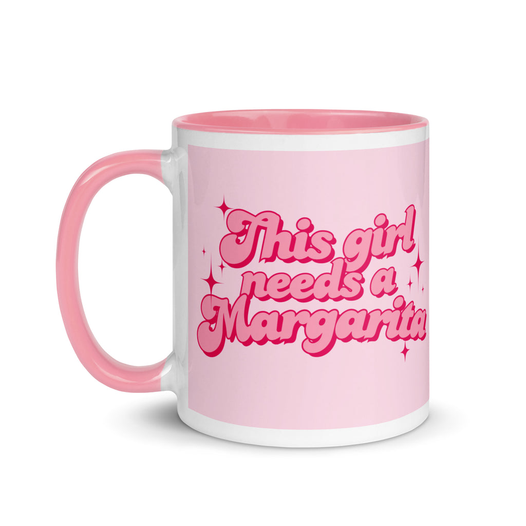 Pink coffee mug with text “This Girl Needs a Margarita,” fun gift for margarita lovers, coffee or cocktail drinkware
