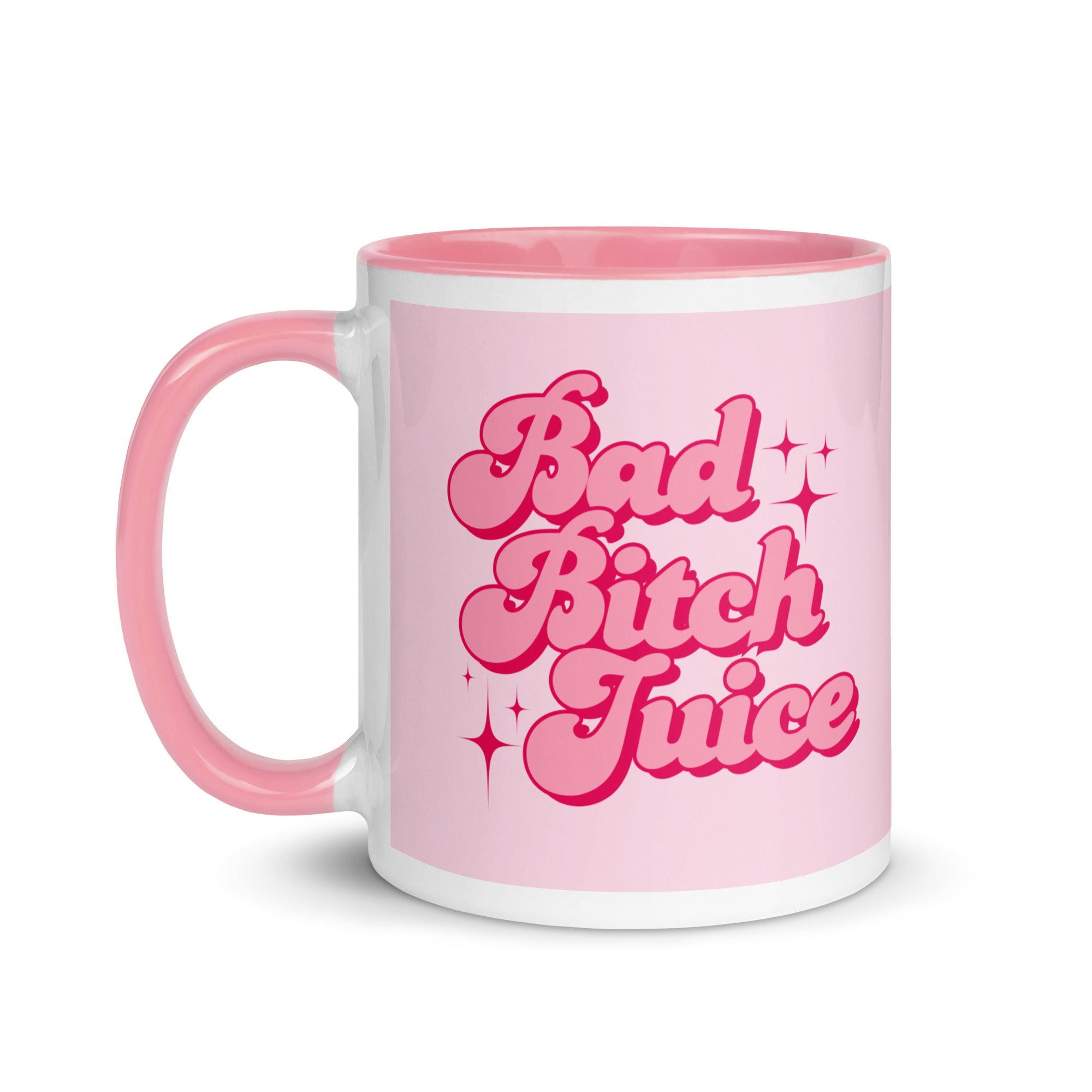 Motivational pink coffee mug with “Bad Bitch Juice” slogan, empowering drinkware for women. A great gift for a confident, sassy woman. 