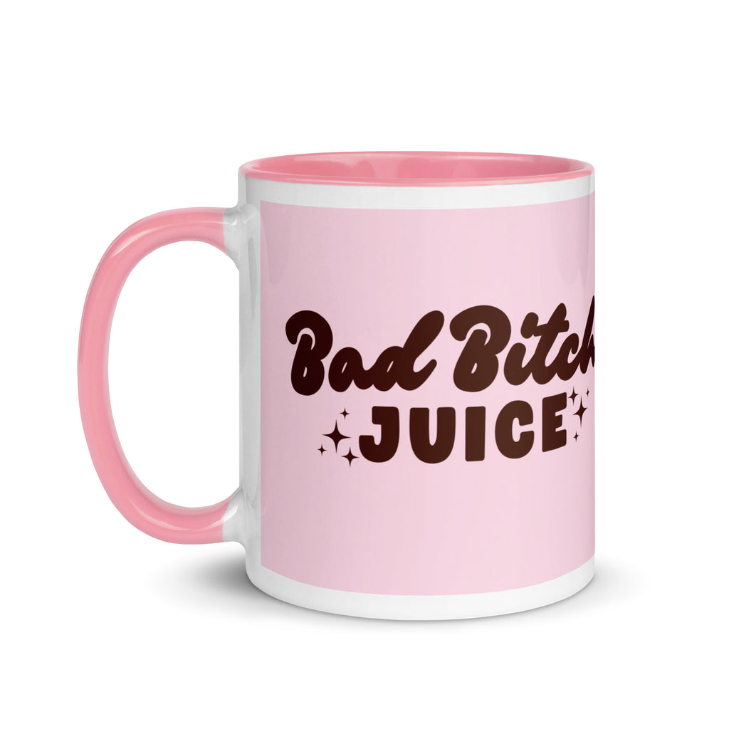 pink mug with bold text reading “Bad Bitch Juice,” and decorated with sparkles, sassy coffee cup for confident women and boss babes.