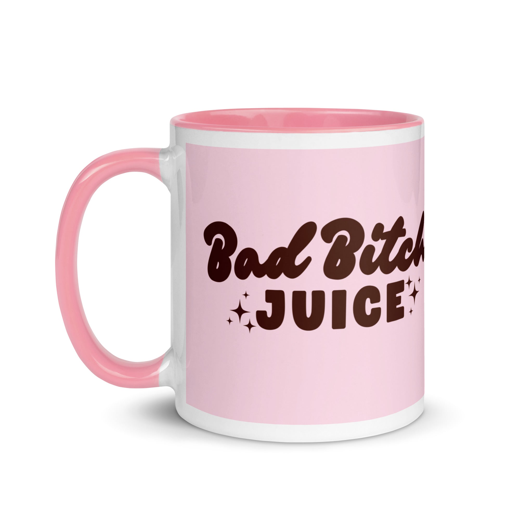 pink mug with bold text reading “Bad Bitch Juice,” and decorated with sparkles, sassy coffee cup for confident women and boss babes.