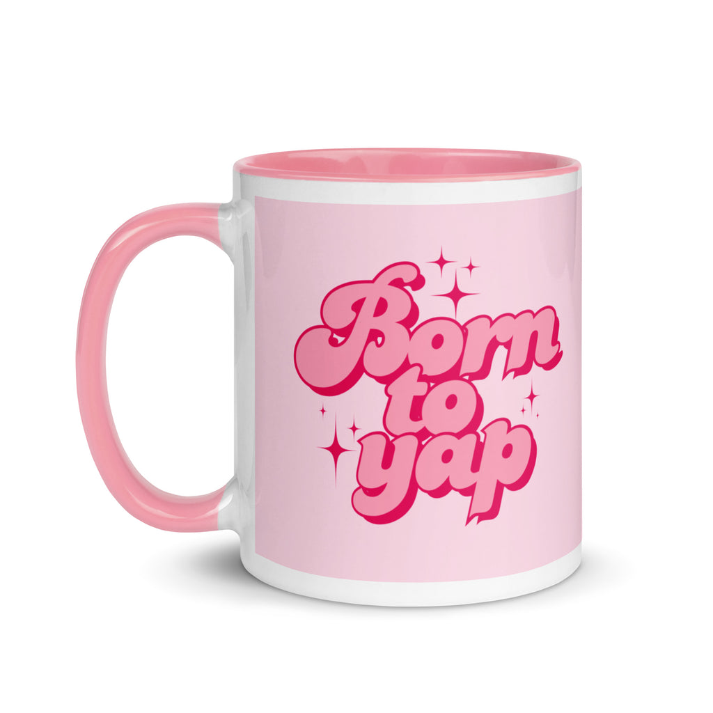 Pink ceramic mug with 3D style text “Born to Yap,” fun coffee cup for chatty friends and gossip lovers.
