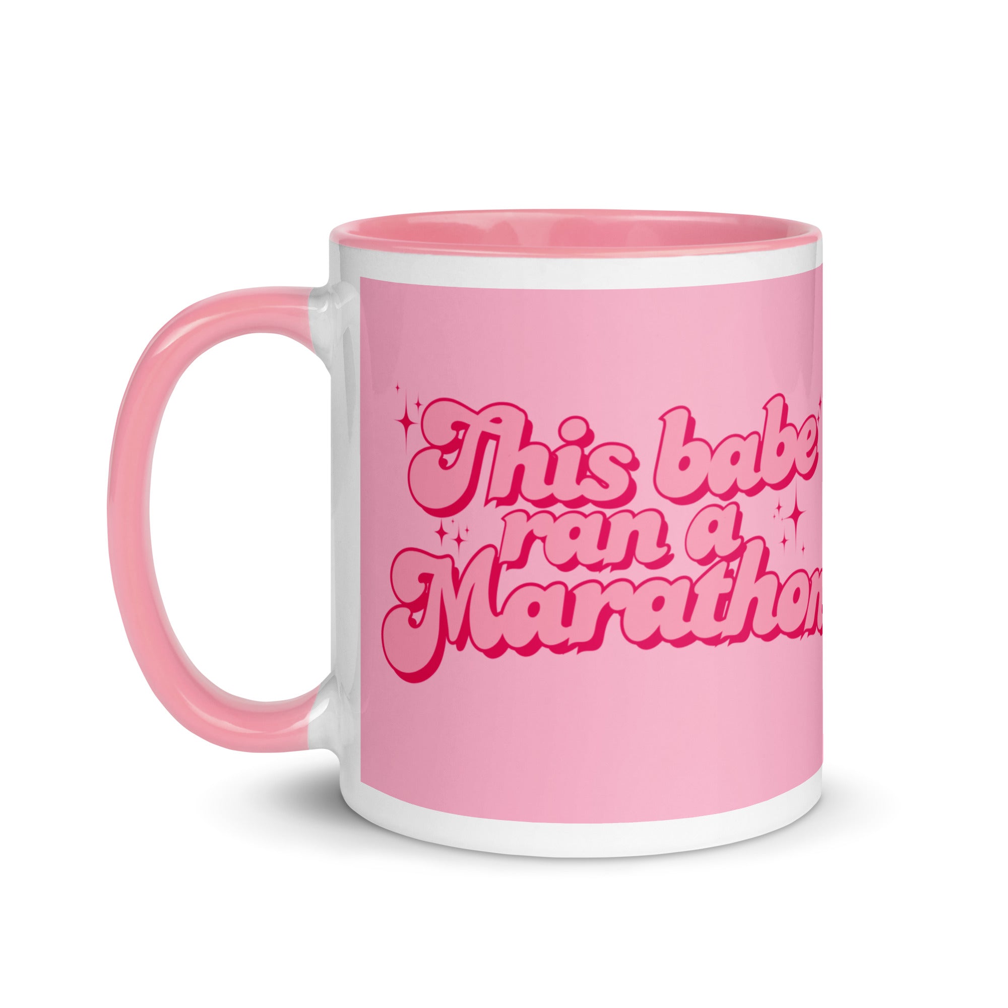 Pink this babe ran a marathon mug in a feminine, bold font with sparkles. The perfect gift for a woman who has finished a marathon. 