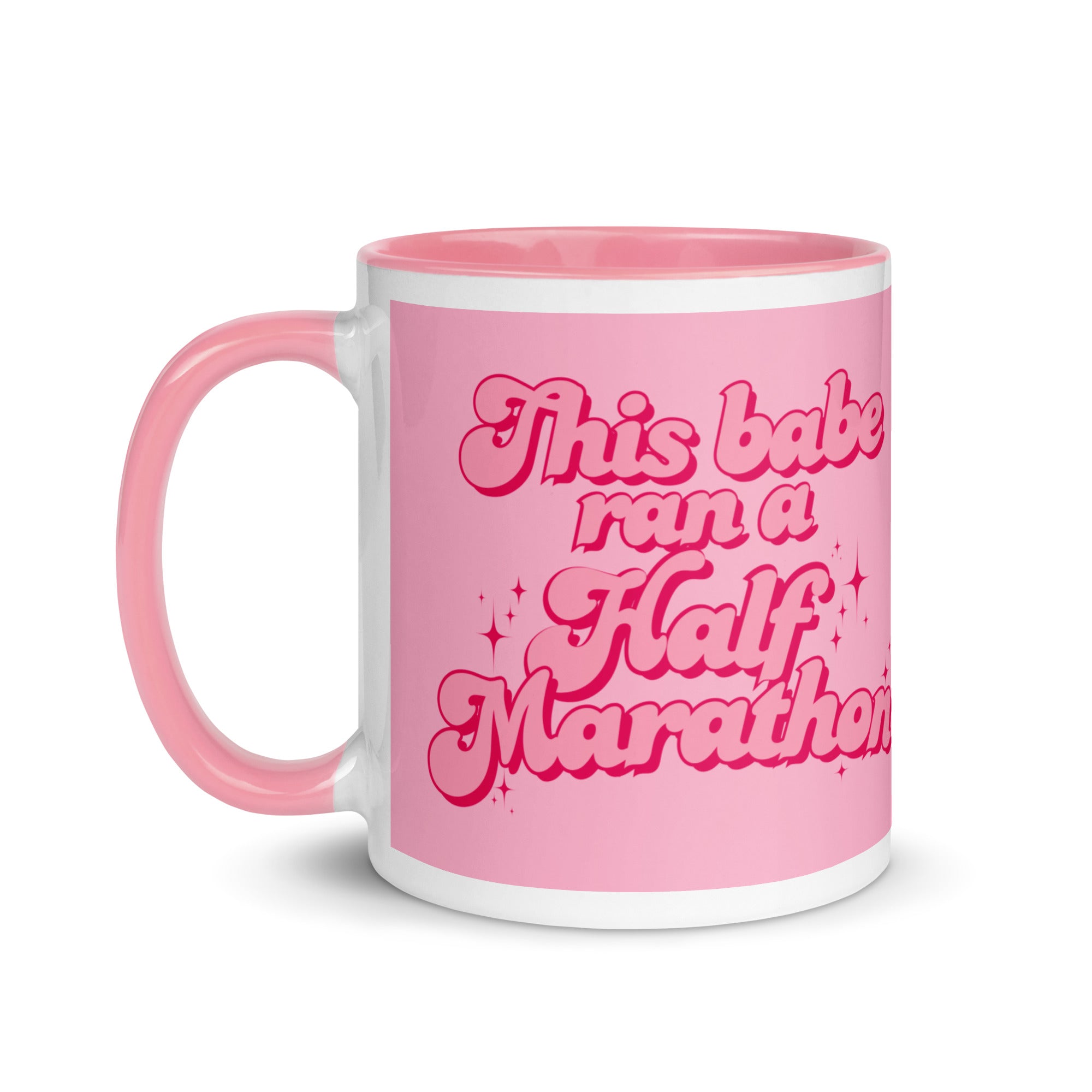 Pink this babe ran a half marathon mug in a feminine, bold font with sparkles. The perfect gift for a woman who has finished a half marathon. 