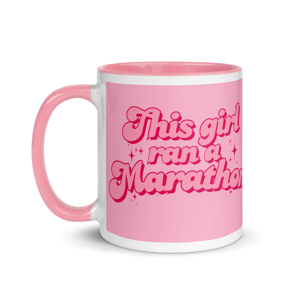 Pink this girl ran a marathon mug in a feminine, bold font with sparkles. The perfect gift for a woman who has finished a marathon. 