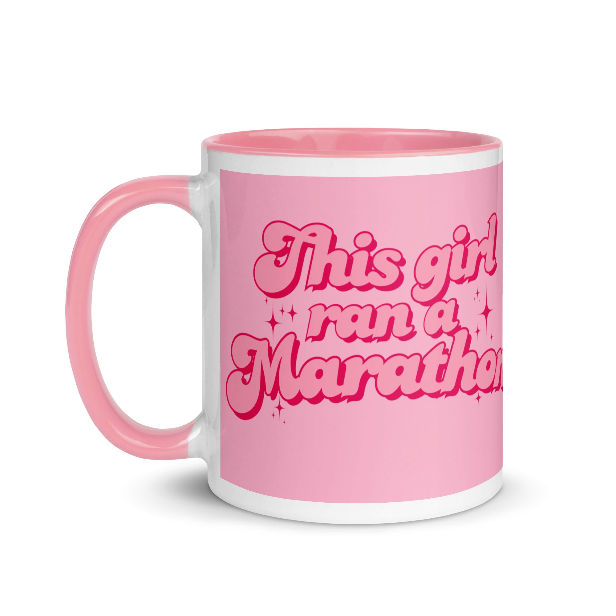 Pink this girl ran a marathon mug in a feminine, bold font with sparkles. The perfect gift for a woman who has finished a marathon. 