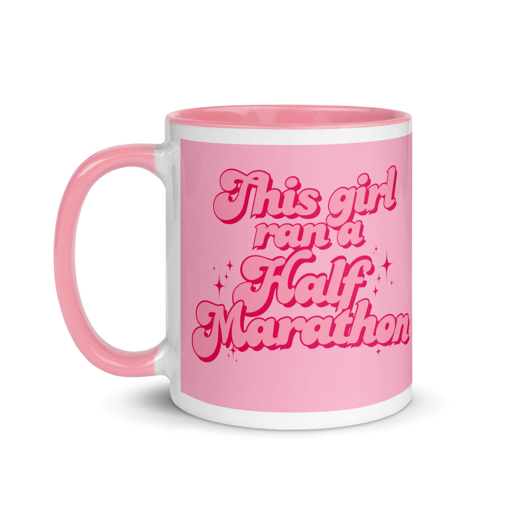 Pink this girl ran a half marathon mug in a feminine, bold font with sparkles. The perfect gift for a woman who has finished a marathon. 