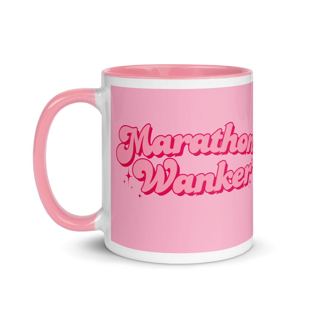 Pink and white marathon wanker mug, with feminine bold font and sparkles. Perfect gift for a girl or woman who has finished a marathon