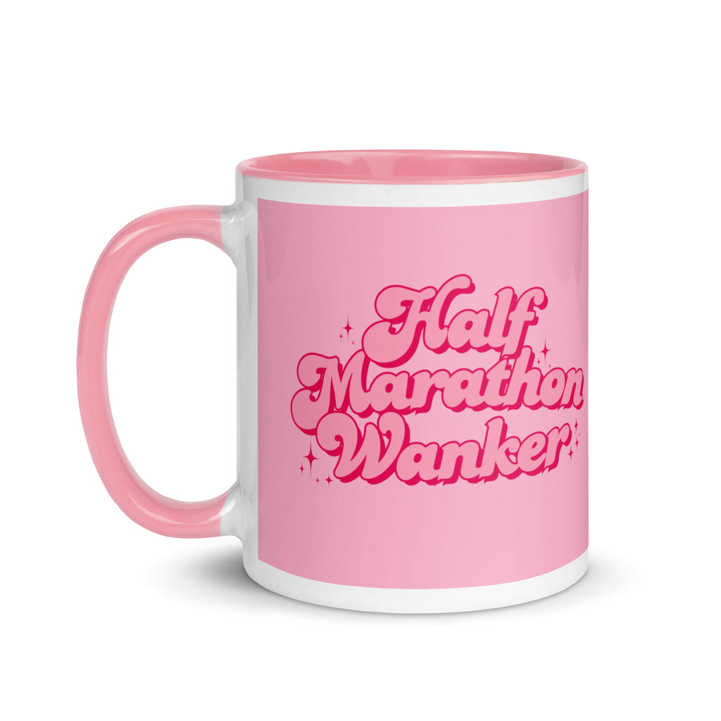 Pink and white half marathon wanker mug, with feminine bold font and sparkles. Perfect gift for a girl or woman who has finished a marathon