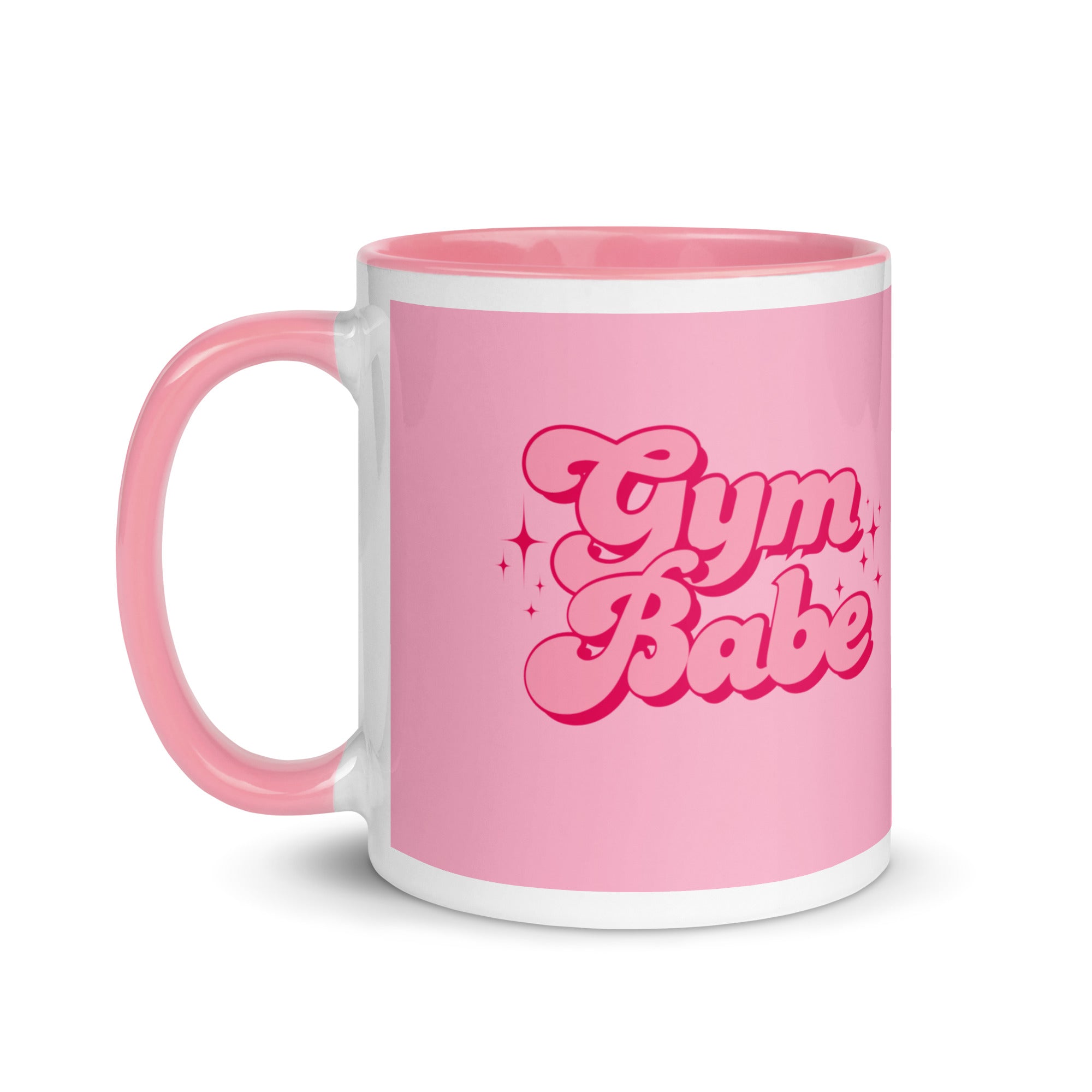 Pink and white gym babe mug, with feminine bold font and sparkles. Perfect gift for a girl or woman who loves the gym and working out. 
