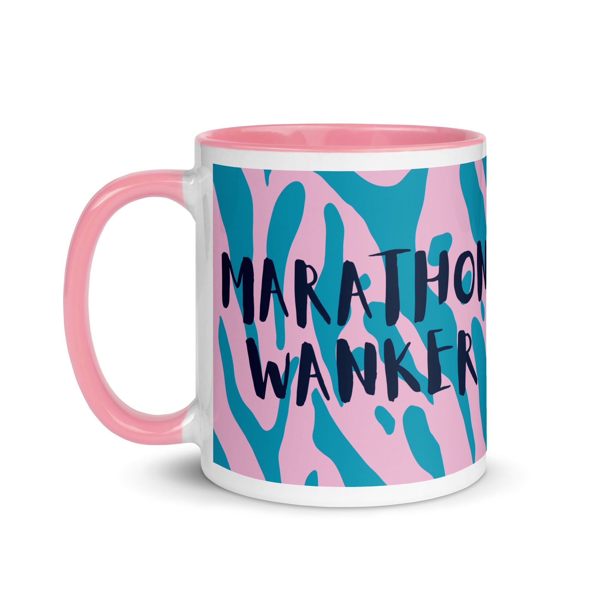 Marathon wanker mug with pink inside and handle, with a pink and blue animal print background and the words marathon wanker in a fun, bold font. 