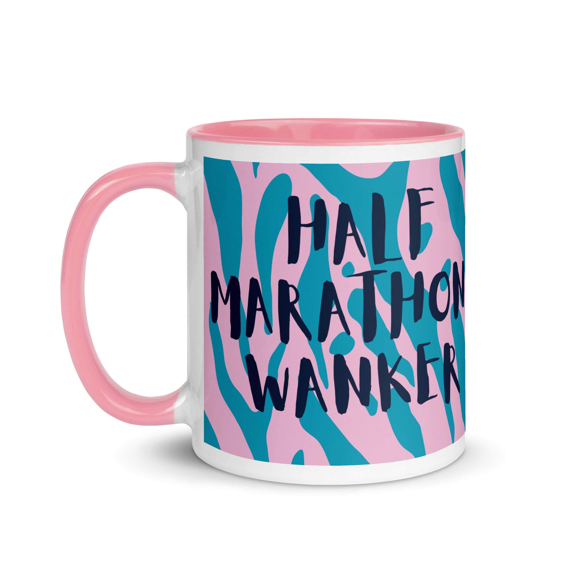 Half Marathon wanker mug with pink inside and handle, with a pink and blue animal print background and the words half marathon wanker in a fun, bold font. 