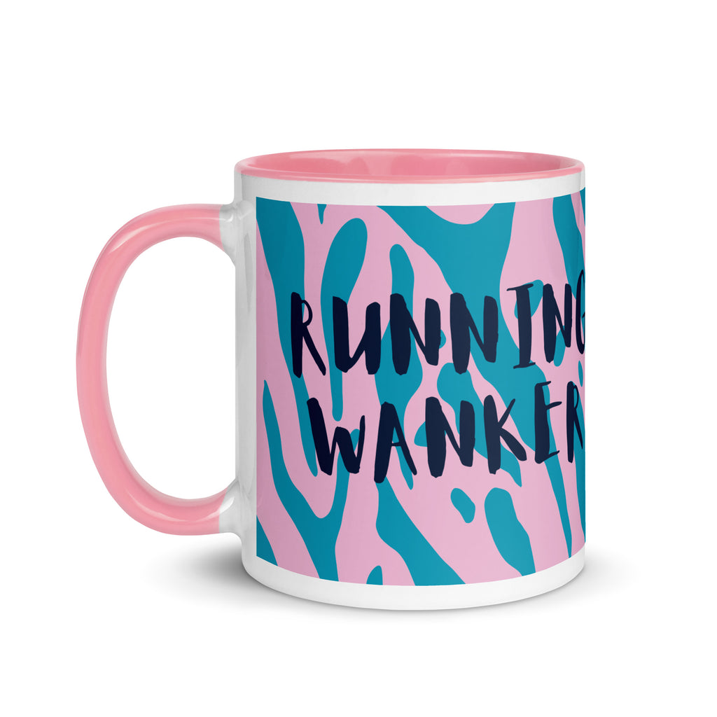 running wanker mug with a pink handle and inside, pink and blue animal print background and the words running wanker in a fun, bold font. a gift for runners