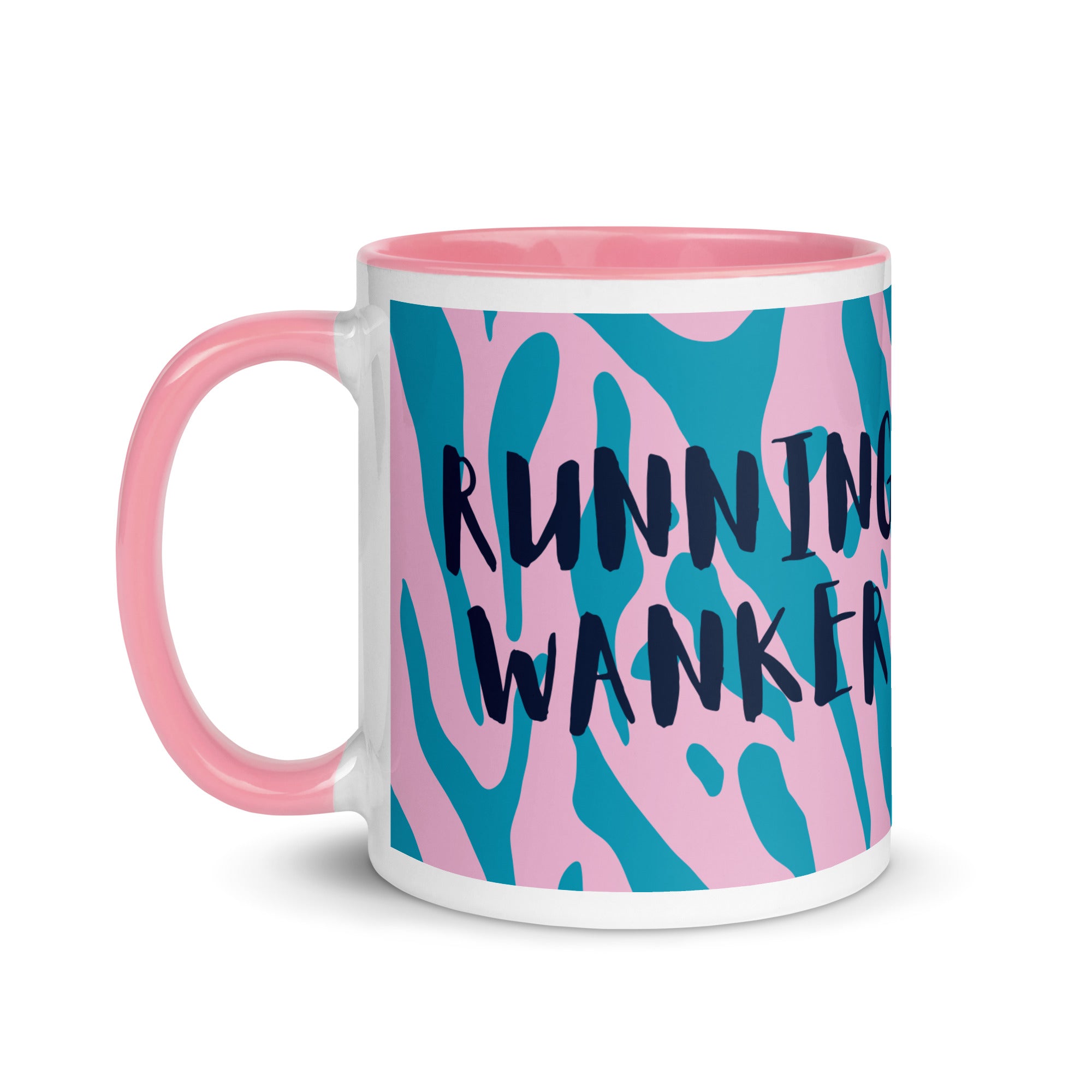 running wanker mug with a pink handle and inside, pink and blue animal print background and the words running wanker in a fun, bold font. a gift for runners