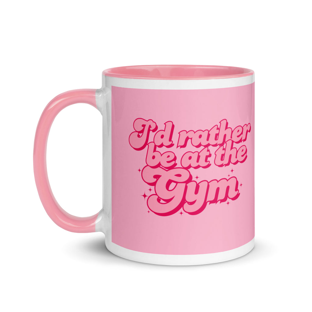 Pink mug with fancy pink writing reading I'd rather be at the gym. A gift for people who love fitness, working out and going to the gym