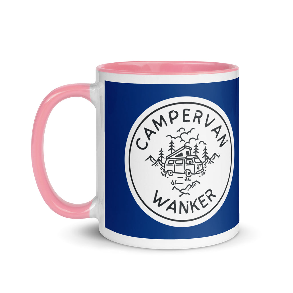 ceramic mug with a pink handle and inside, with a picture of a campervan in the woods and the words campervan wanker over a navy blue background. a gift for people who own and love going away in their campervan or motorhome. 