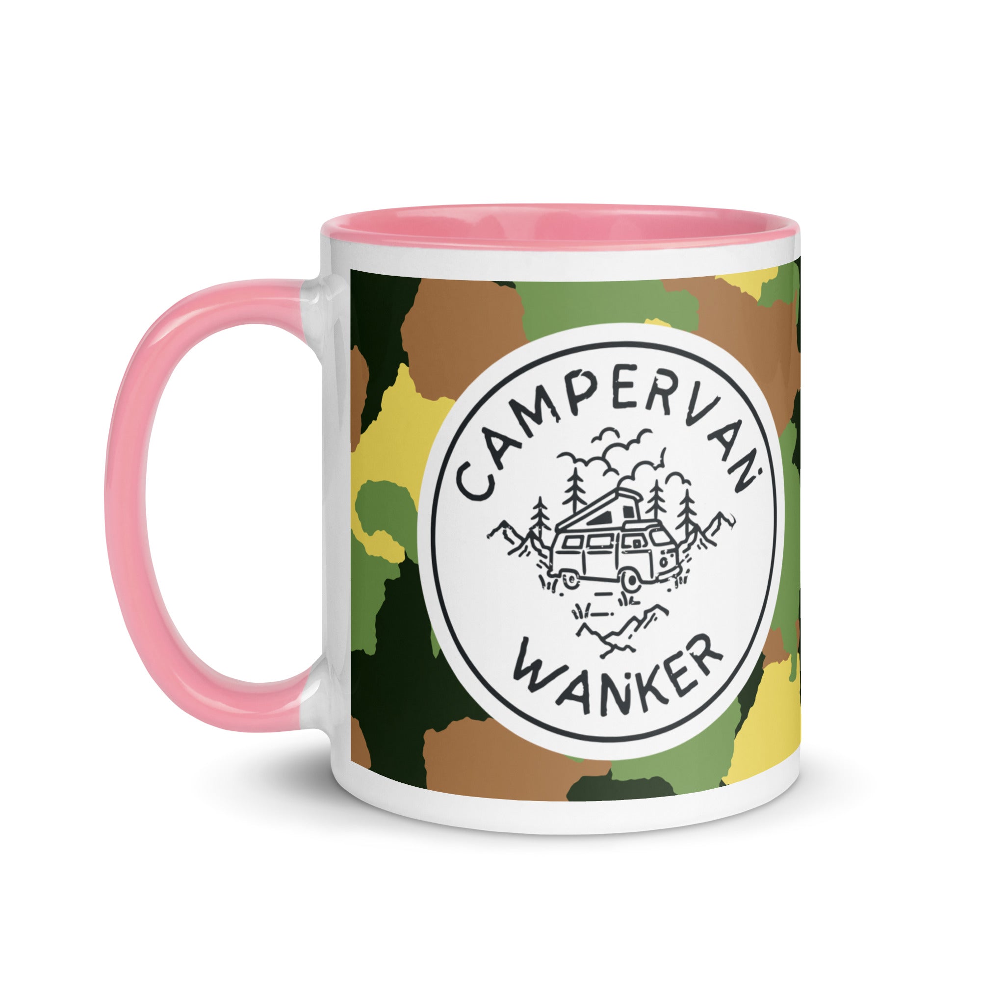 ceramic mug with a pink handle and inside, with a picture of a campervan in the woods and the words campervan wanker over a camouflage background. a gift for people who own and love going away in their campervan or motorhome. 