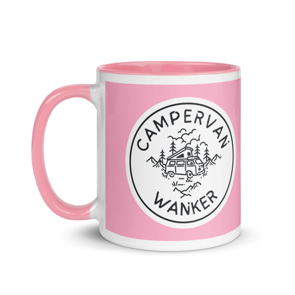 ceramic mug with a pink handle and inside, with a picture of a campervan in the woods and the words campervan wanker over a pink background. a gift for people who own and love going away in their campervan or motorhome. 