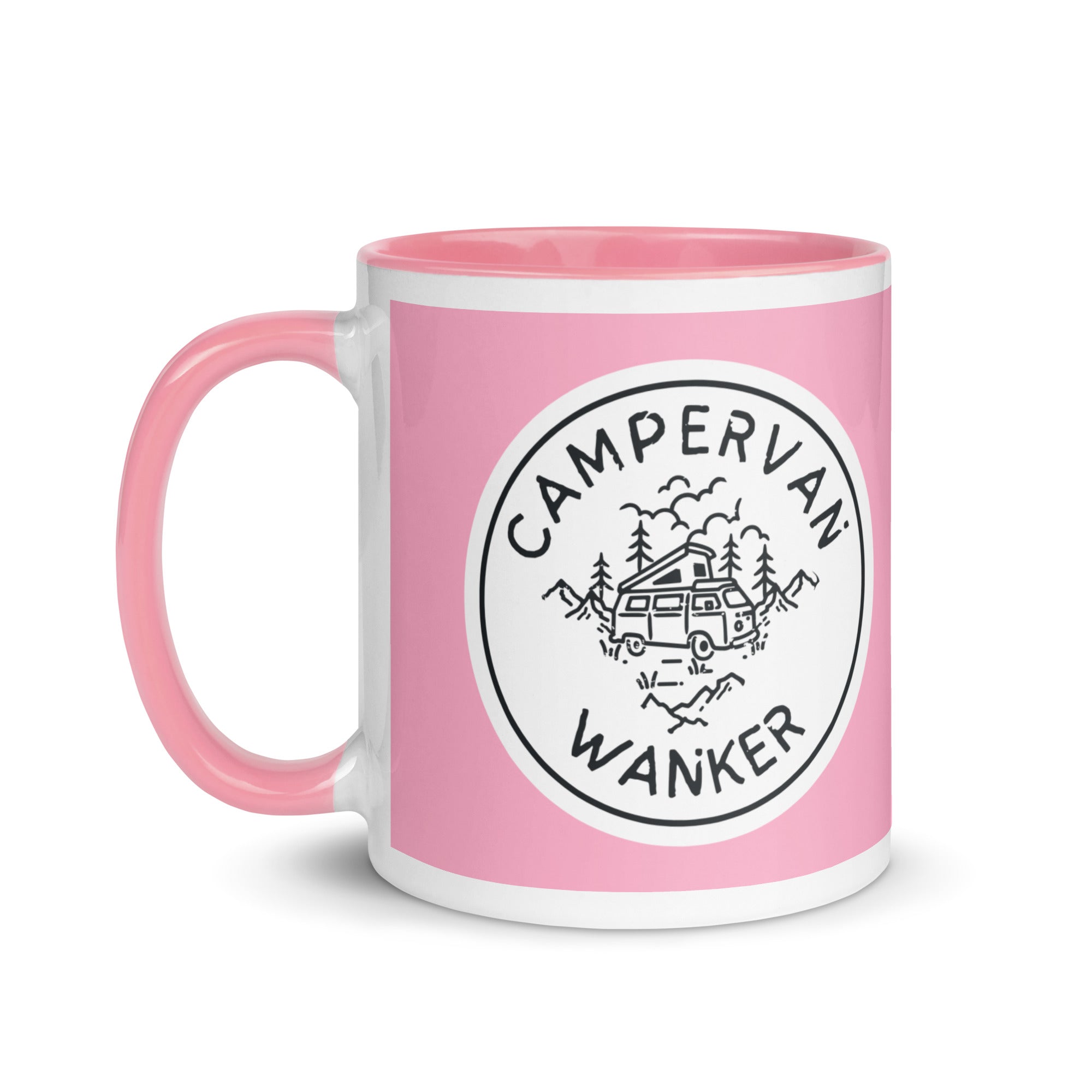 ceramic mug with a pink handle and inside, with a picture of a campervan in the woods and the words campervan wanker over a pink background. a gift for people who own and love going away in their campervan or motorhome. 