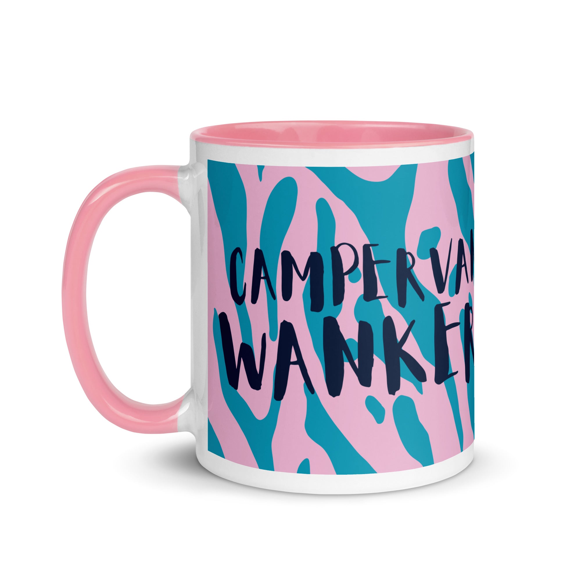 Pink and blue camouflage print mug with a pink handle and inside reading campervan wanker. A funny gift for someone who loves their campervan and van life. 