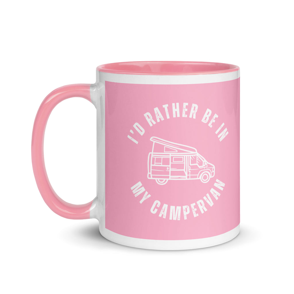 a pink mug with a pink handle and inside with the words I'd rather be in my campervan across the front and a cartoon of a campervan with a pop top. A gift for people who love their campervan