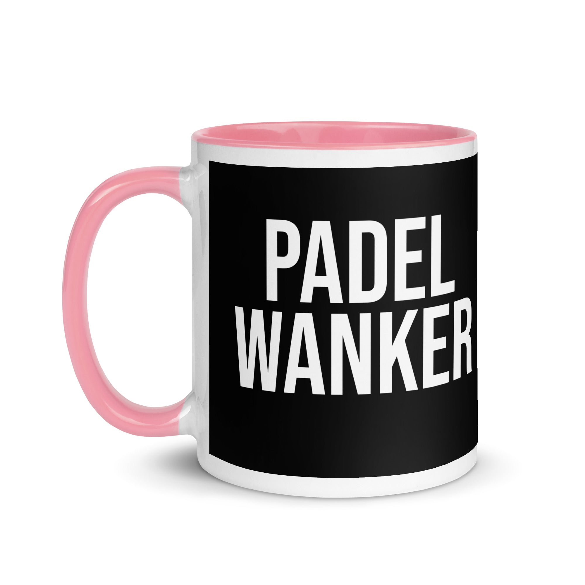 Black bacground mug with the words Padel Wanker in white text. a gift for padel players. Mug has a pink inside and handle. 