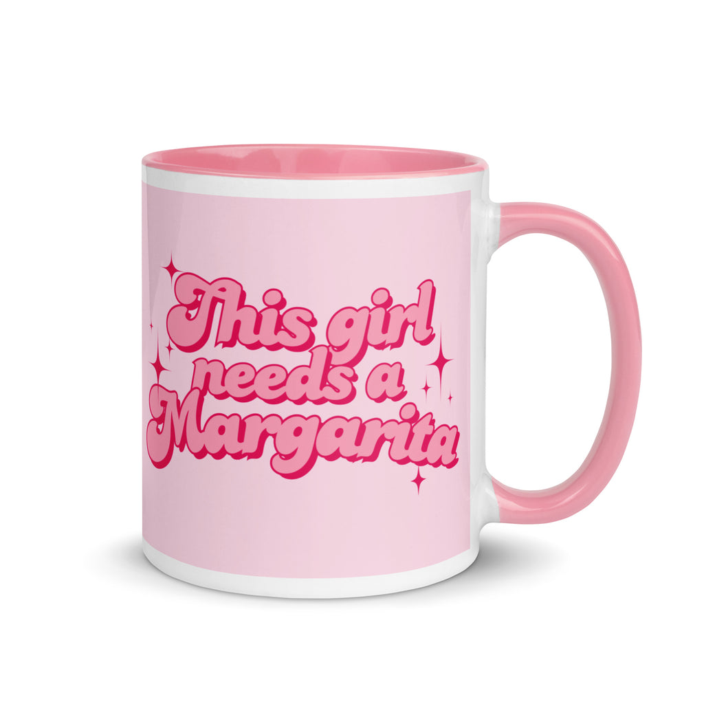 Pink coffee mug with text “This Girl Needs a Margarita,” fun gift for margarita lovers, coffee or cocktail drinkware