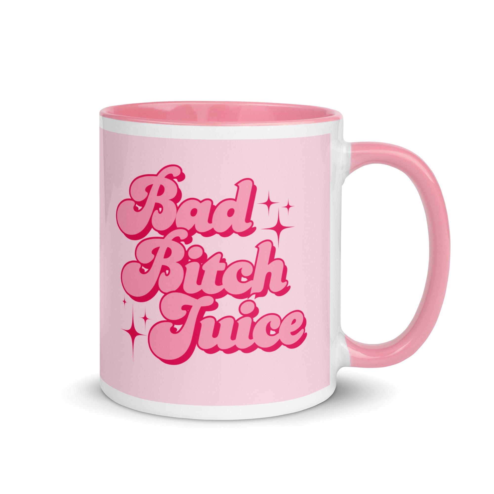 Motivational pink coffee mug with “Bad Bitch Juice” slogan, empowering drinkware for women. A great gift for a confident, sassy woman. 