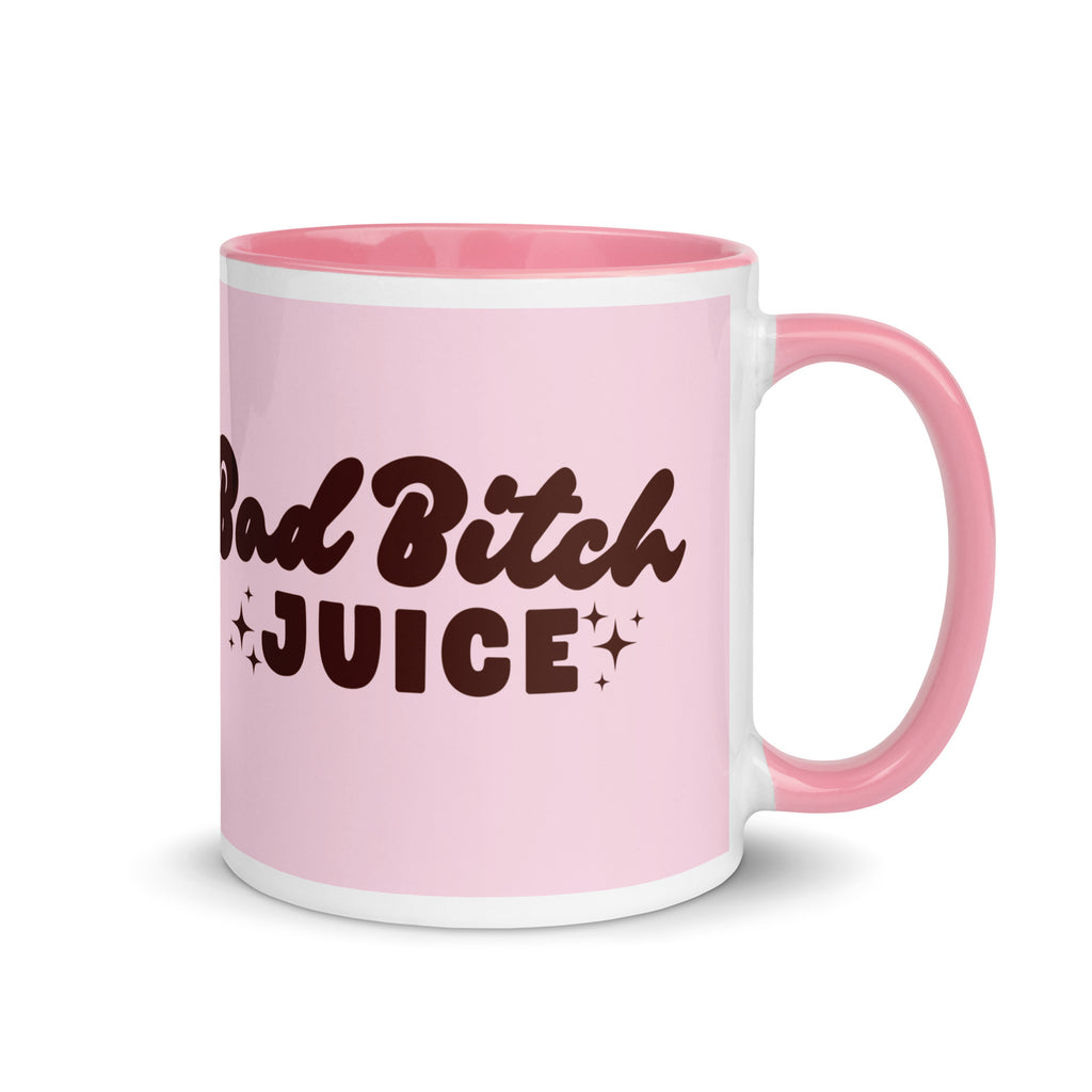 pink mug with bold text reading “Bad Bitch Juice,” and decorated with sparkles, sassy coffee cup for confident women and boss babes.