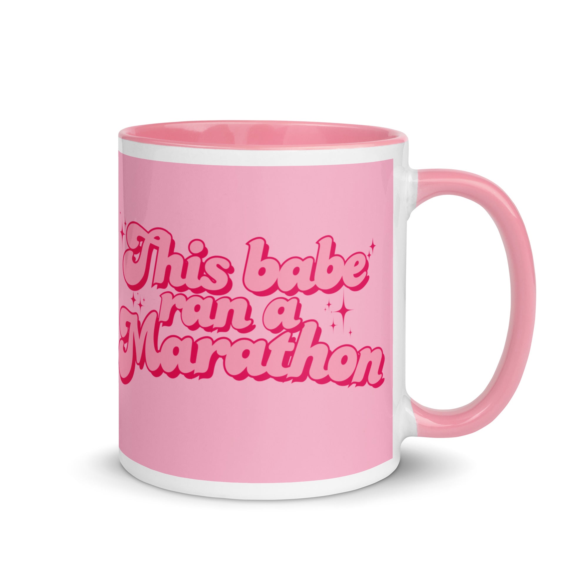 Pink this babe ran a marathon mug in a feminine, bold font with sparkles. The perfect gift for a woman who has finished a marathon. 