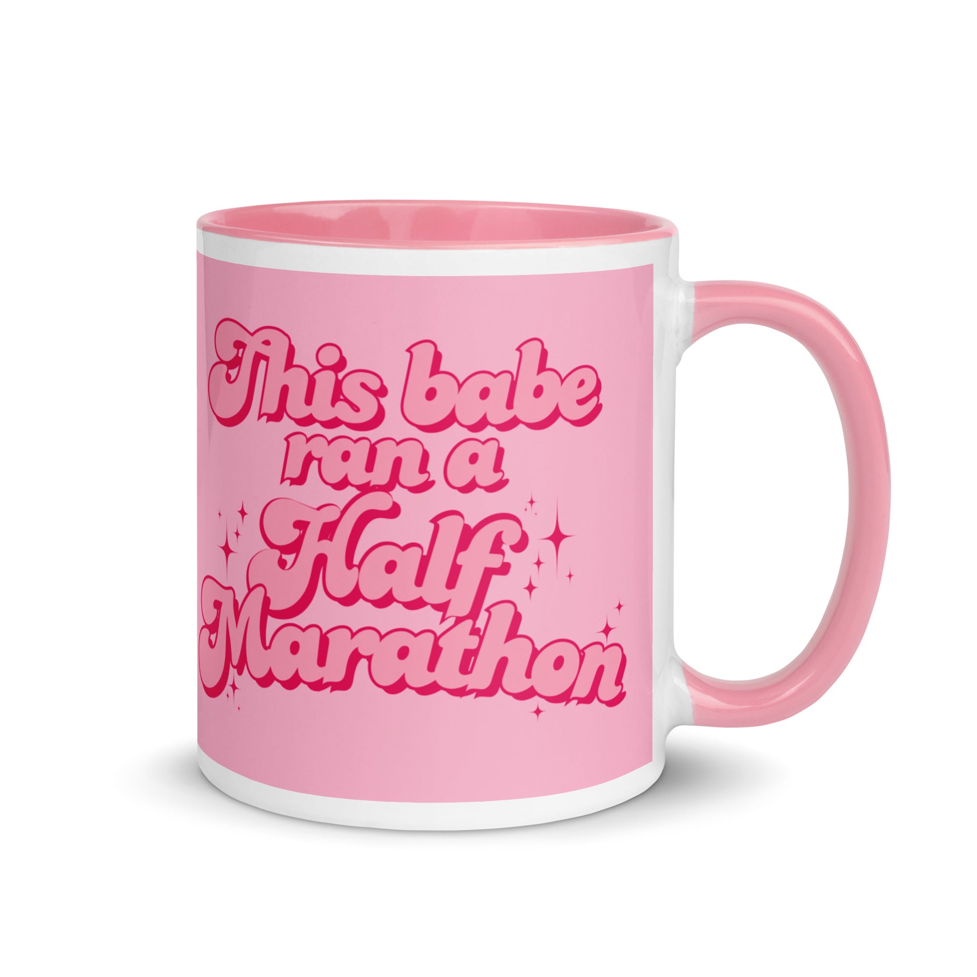 Pink this babe ran a half marathon mug in a feminine, bold font with sparkles. The perfect gift for a woman who has finished a half marathon. 
